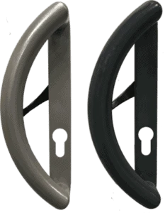 A pair of sliding aluminium door handles in black and grey.
