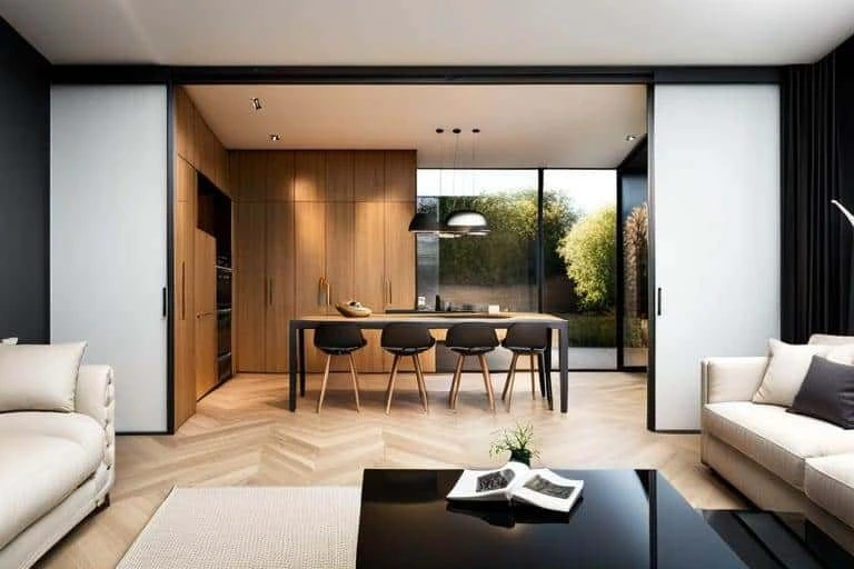 A modern living room with black walls and wooden floors.