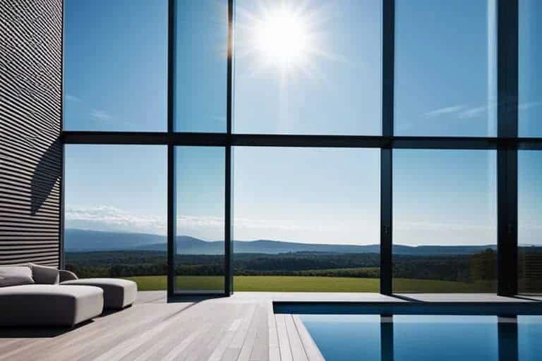 A house with large windows and a swimming pool.