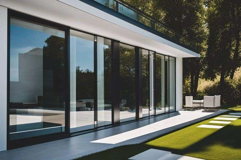 A modern house with sliding glass doors.