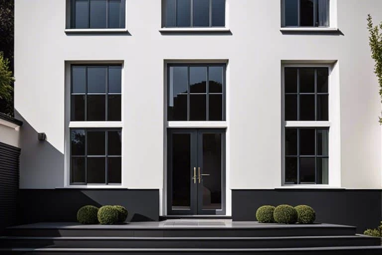 A house with black and white windows and steps.