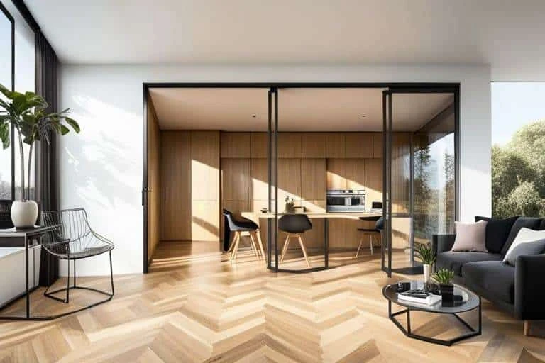A living room with wooden floors and a dining table.
