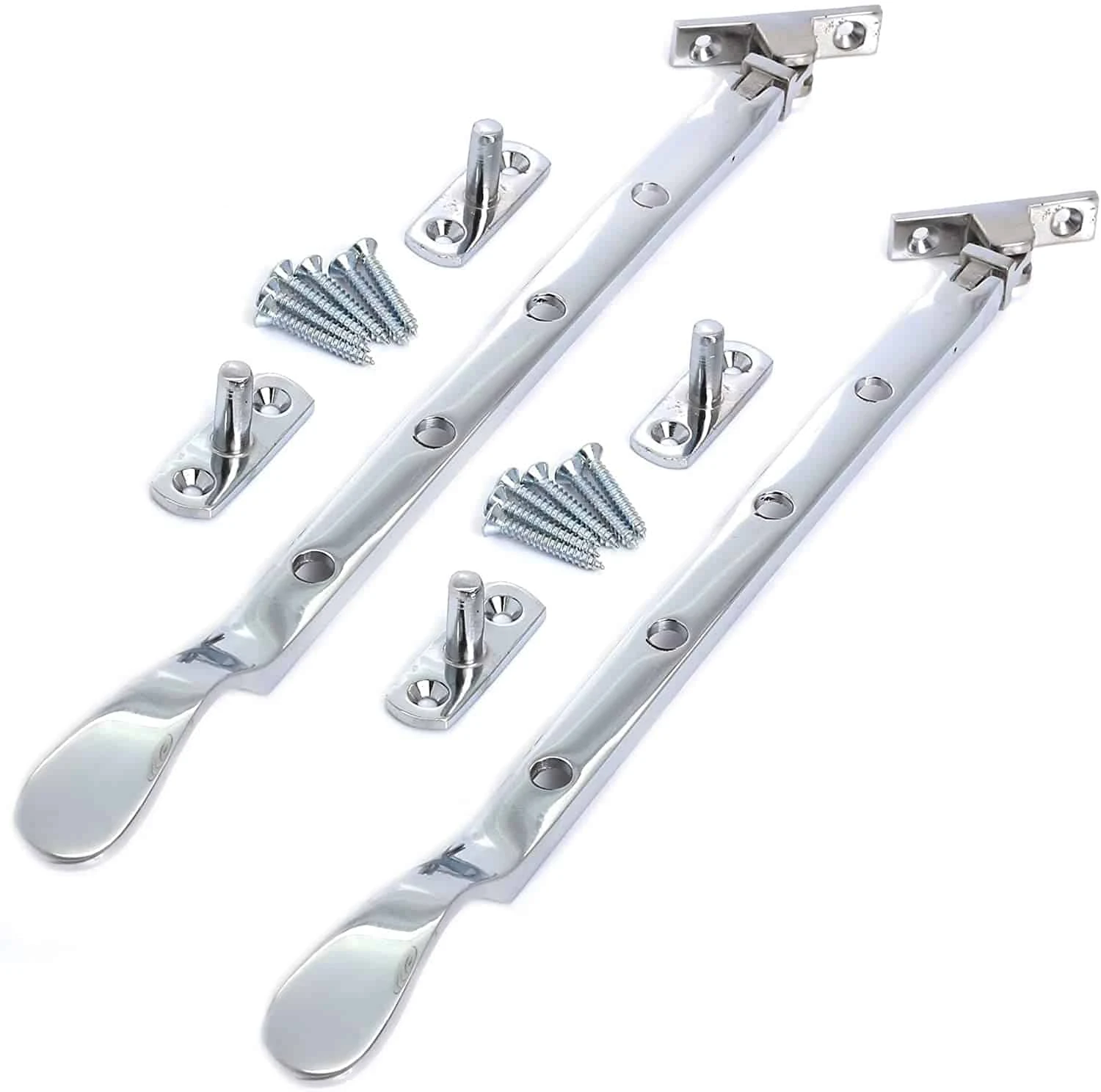 A pair of chrome door latches with screws that stays securely in place.
