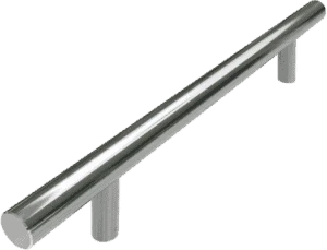 A stainless steel bar handle on a white background.