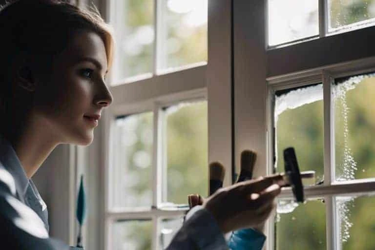 A woman cleaning a window with a brush.
