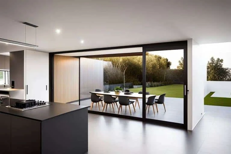 A modern kitchen with a sliding glass door.