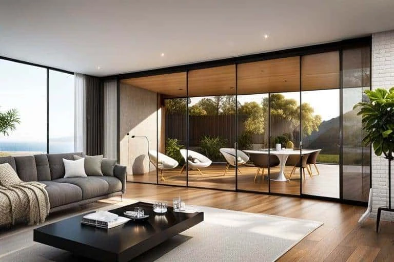 A modern living room with glass sliding doors.