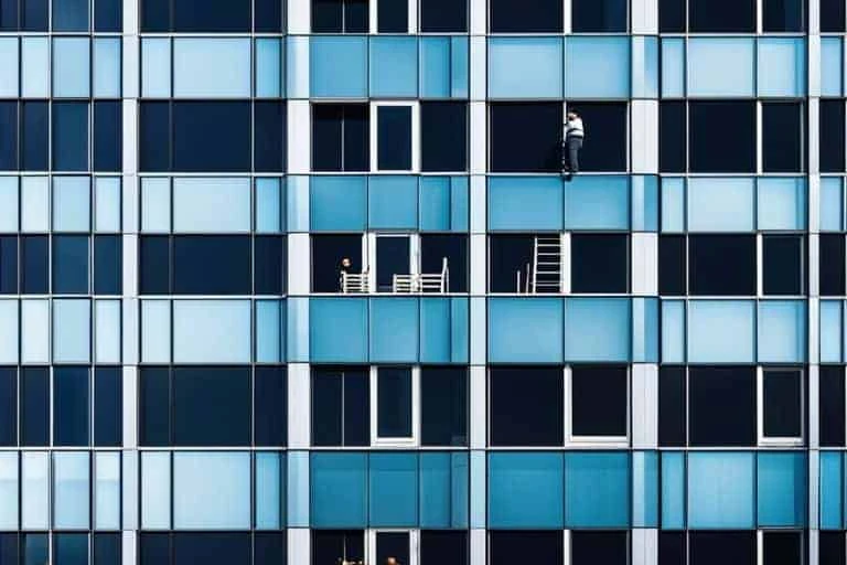 A group of people are standing on the windows of a building.