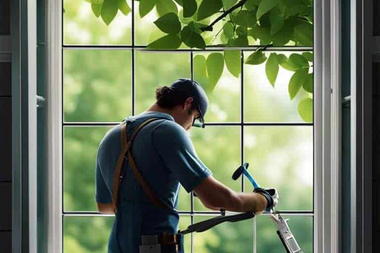 A man cleaning a window with a tool.