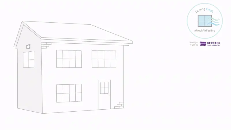 A drawing of a house with a window on it, providing a comprehensive guide to home ventilation systems.