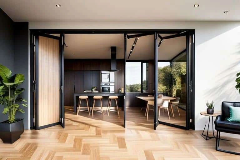 An open plan kitchen and dining room.