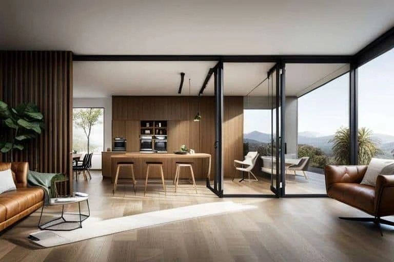 A modern living room with a view of the mountains.