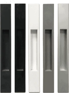 A row of black aluminium door handles.