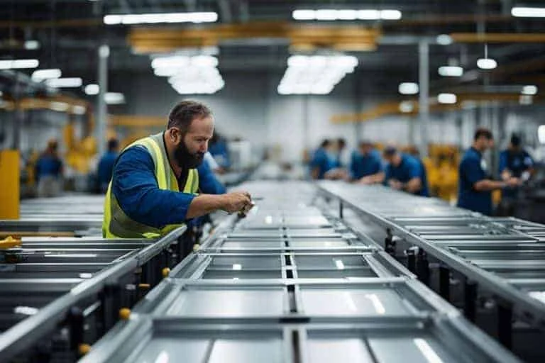 A worker is working on a conveyor belt in a factory.