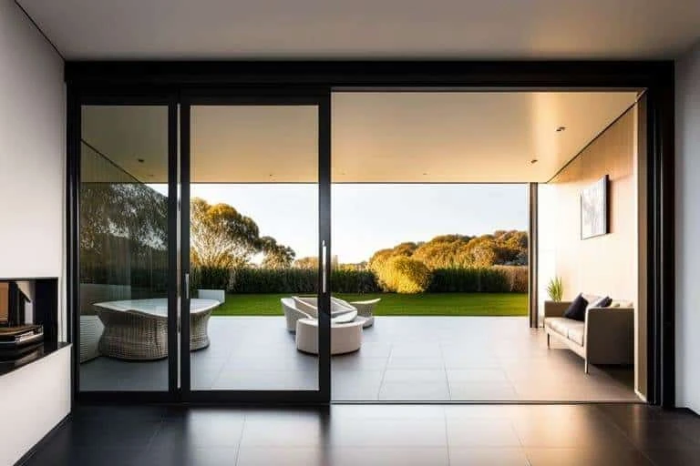 A modern living room with sliding glass doors.