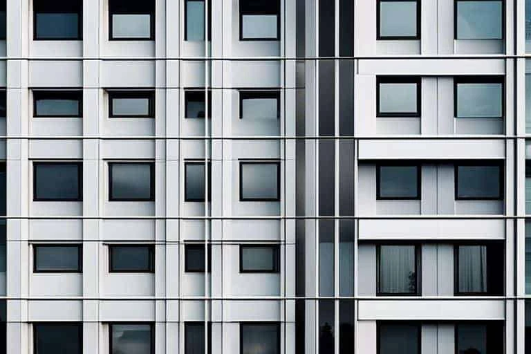 A white and black building with many windows.