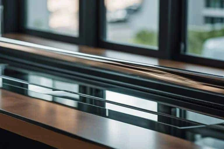 A table with a glass top in front of a window.