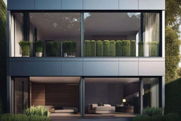3d rendering of a modern house with a balcony.